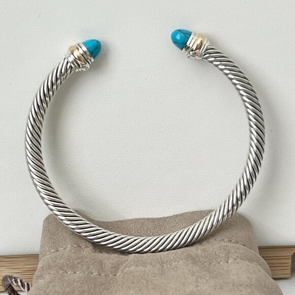 Sterling Silver with Gold 5mm Turquoise Cable Cuff Bangle Bracelet With 14K Gold - Picture 2 of 5